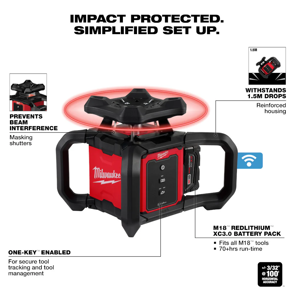 Milwaukee 3701-21 M18 18V Red Exterior Rotary Laser Level Kit w/ Receiver