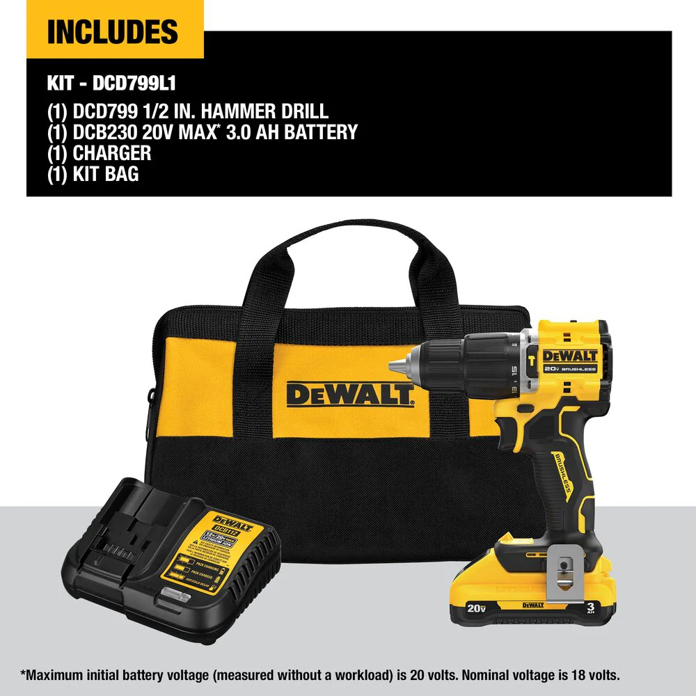 DeWALT DCD799L1 20V ATOMIC MAX 1/2 Brushless Cordless Hammer Drill Kit