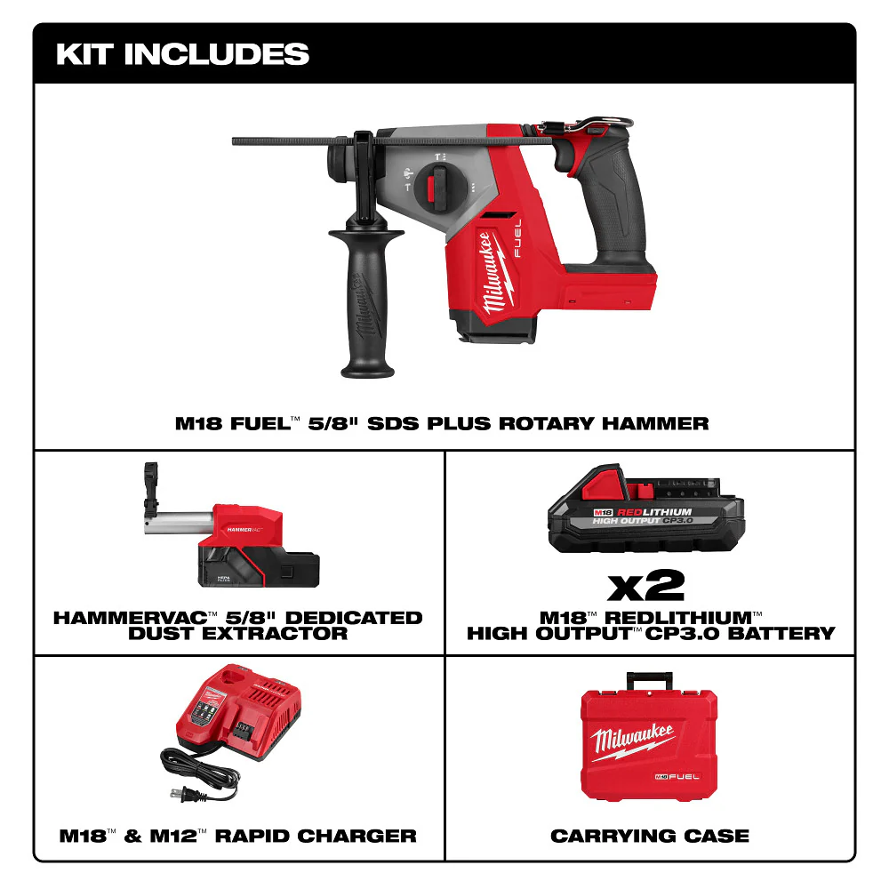 Milwaukee 2908-22DE M18 FUEL 5/8 SDS Plus Rotary Hammer w/ Dust Extractor Kit