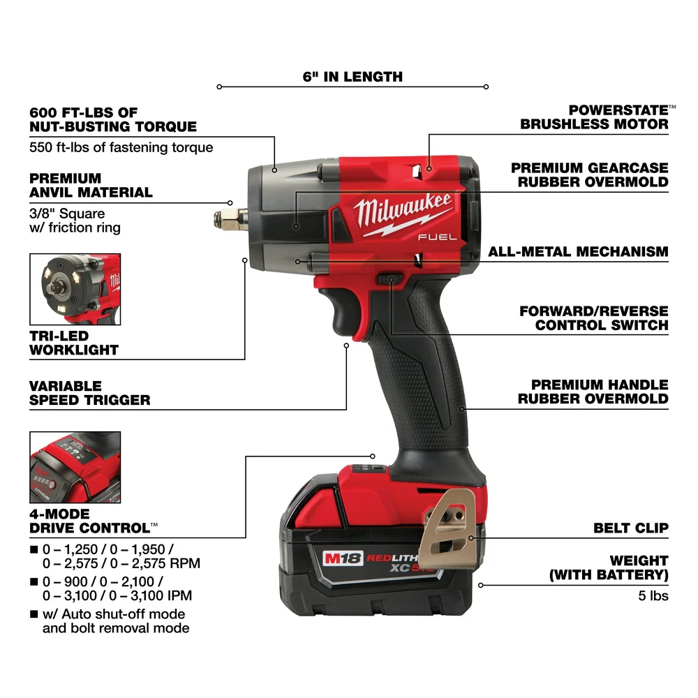Milwaukee 2960-22R M18 FUEL 18V 3/8 Mid-Torque Impact Wrench w/ Ring Kit