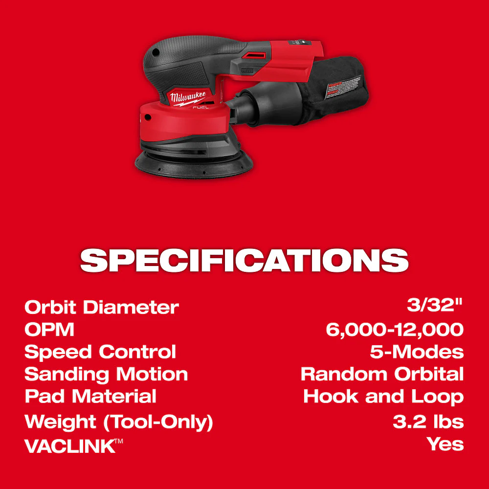 Milwaukee 2837-20 M18� FUEL 18V 5 Random Orbital Sander - Bare Tool