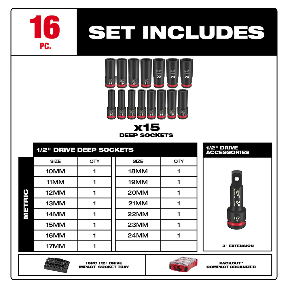 Milwaukee 49-66-6803 SHOCKWAVE 1/2 Impact Duty Socket MM PACKOUT Set - 16 PC