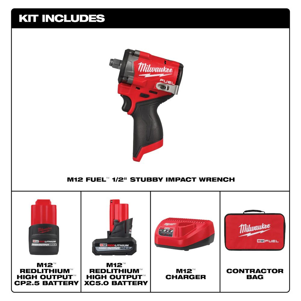 Milwaukee 2563-22 M12 FUEL 12V 1/2 Corddles Stubby Impact Wrench Kit