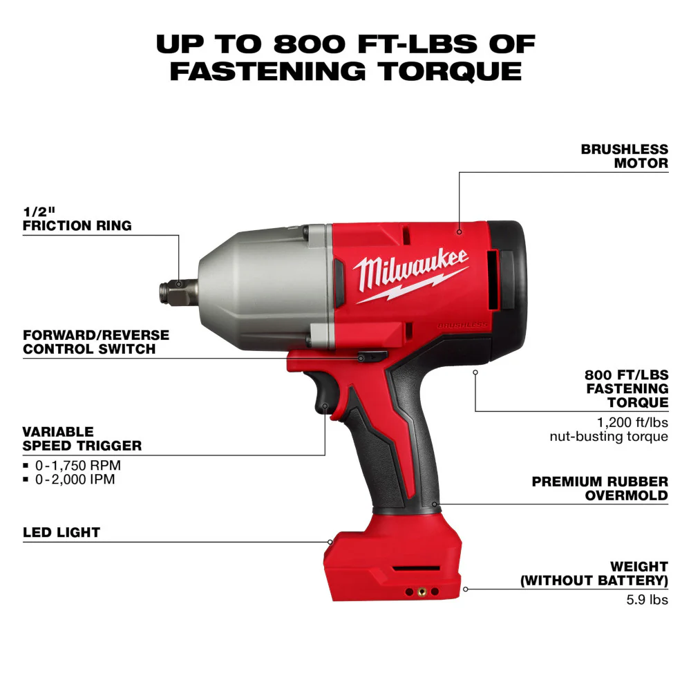 Milwaukee 2666-20 M18 18V 1/2 High Torque Cordless Impact Wrench - Bare Tool