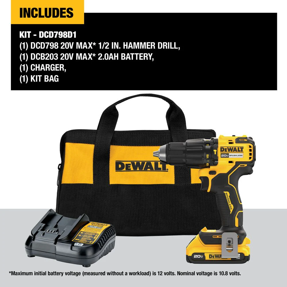 DeWALT DCD798D1 20V MAX 1/2 Brushless Cordless Li-Ion Hammer Drill Kit