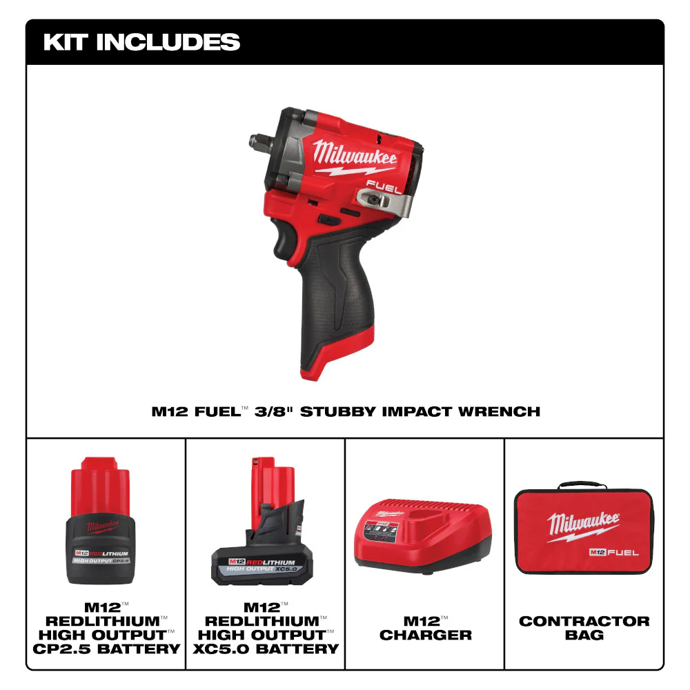 Milwaukee 2562-22 12V FUEL M12 3/8 Stubby Cordless Li-Ion Impact Wrench Kit