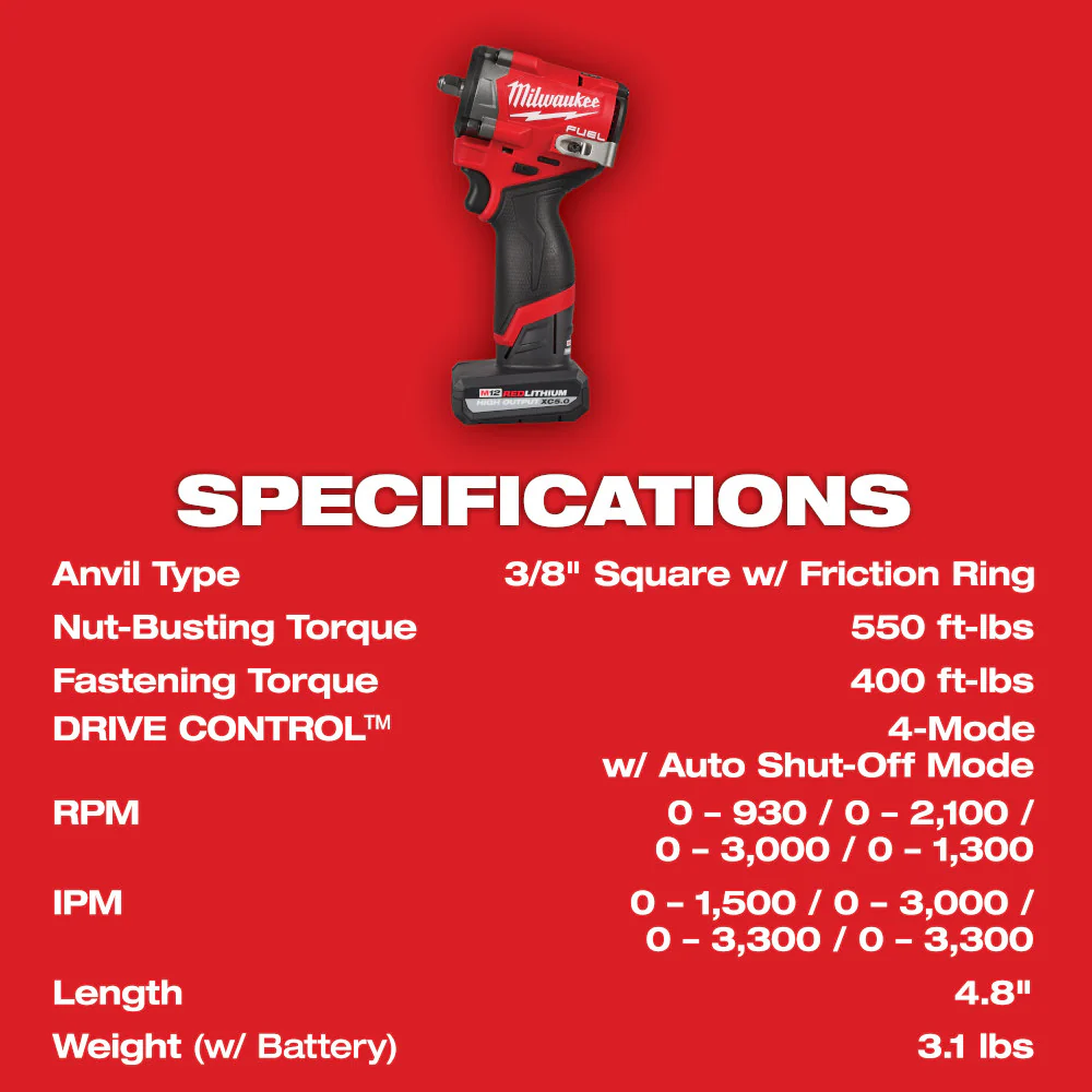 Milwaukee 2562-21RT M12 FUEL Stubby 3/8 Impact Wrench Kit and Ratchet