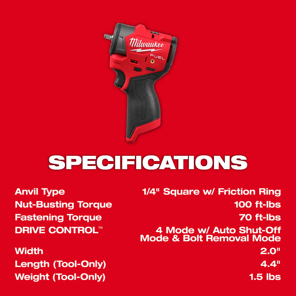 Milwaukee 3048-20 M12 FUEL 12V 1/4 Sub Compact Impact Wrench - Bare Tool
