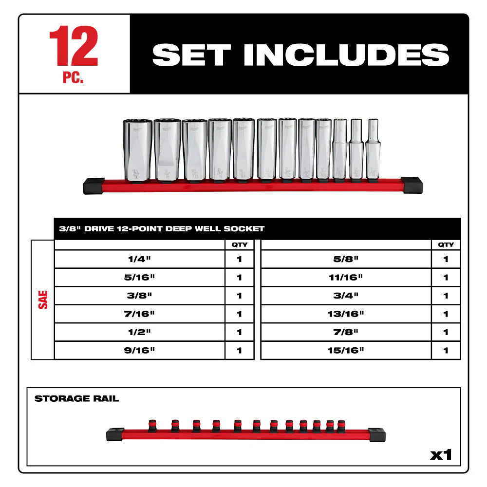Milwaukee 48-22-9421 3/8 Drive 12-Point Deep Well SAE Socket Set - 12 PC