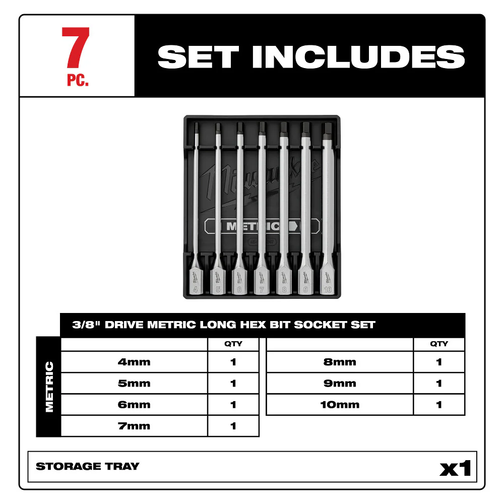 Milwaukee 48-22-9547 3/8 Drive Long Hex Bit Socket Set - Metric - 7 PC