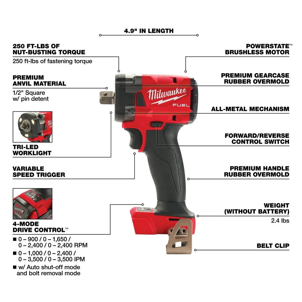 Milwaukee 2855P-80 M18 FUEL 18V 1/2 Compact Impact Wrench - Recon - Bare Tool