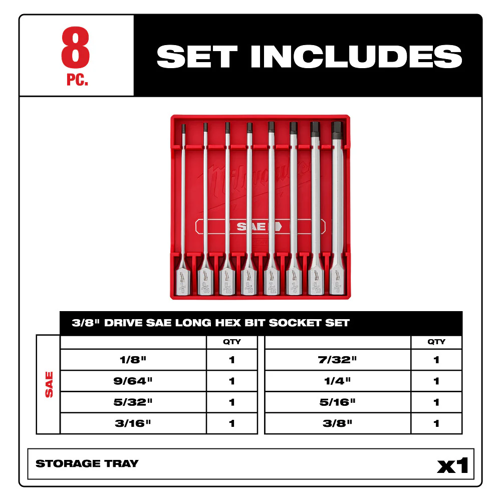 Milwaukee 48-22-9546 3/8 Drive Long Hex Bit Socket Set - SAE - 8 PC