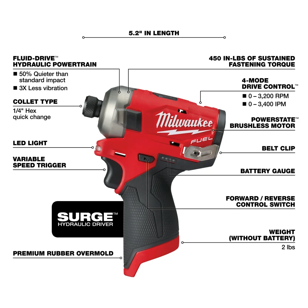 Milwaukee 2551-80 M12 FUEL SURGE 1/4 Hex Hydraulic Driver - Bare Tool - Recon