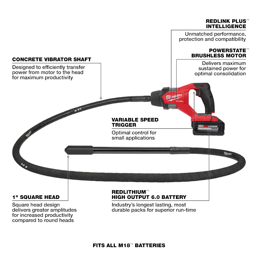 Milwaukee 2911-21 M18 FUEL 18V 8' Cordless Concrete Pencil Vibrator Kit