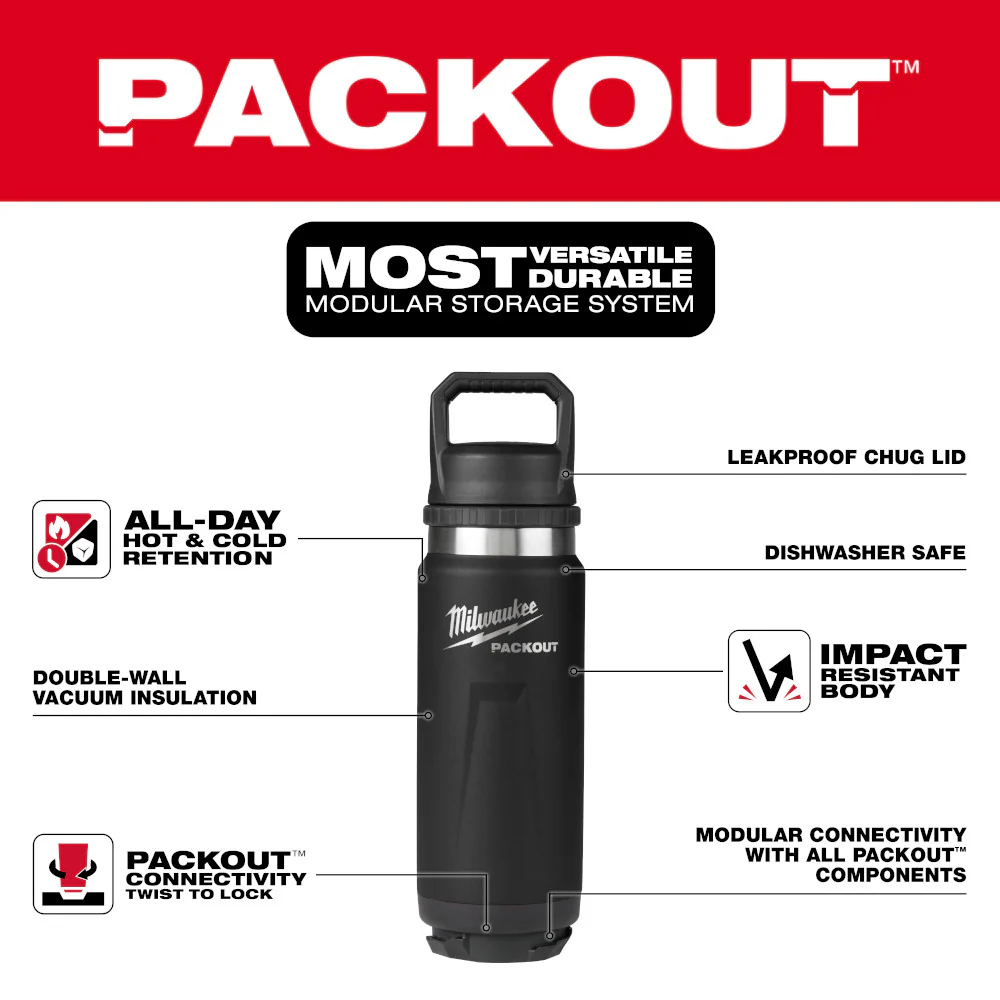 Milwaukee 48-22-8396B PACKOUT 24 oz Black Insulated Bottle with Chug Lid