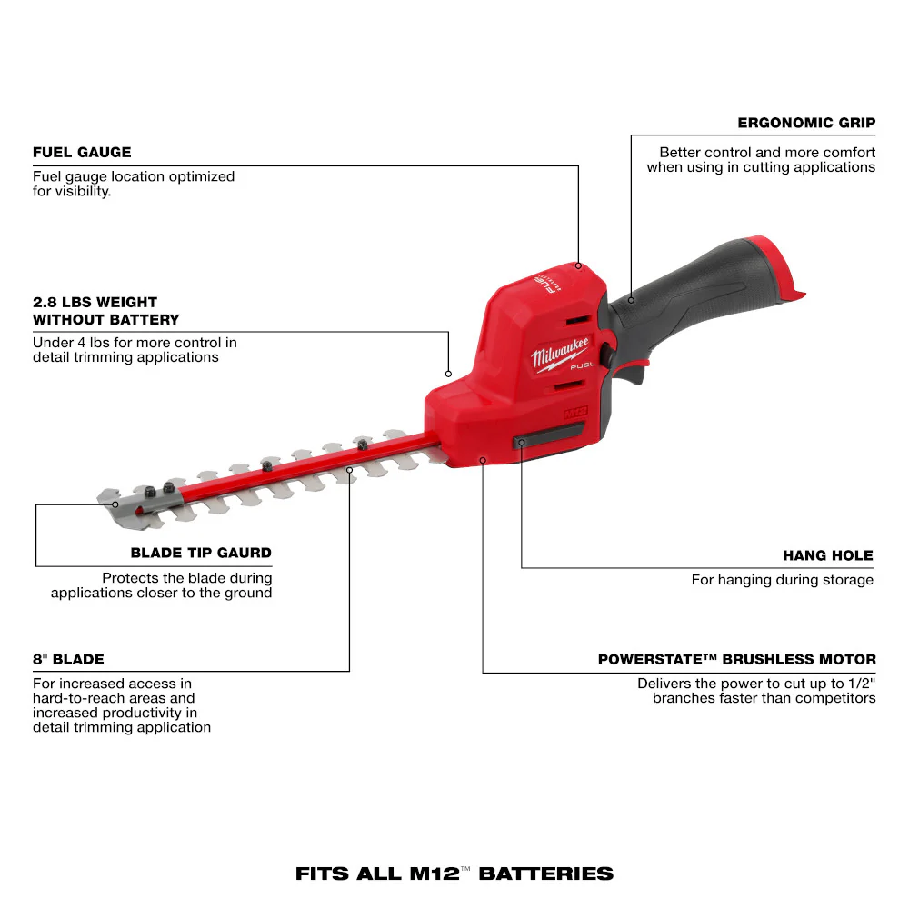 Milwaukee 2533-20 M12 FUEL 12V 8 Cordless Li-Ion Hedge Trimmer - Bare Tool