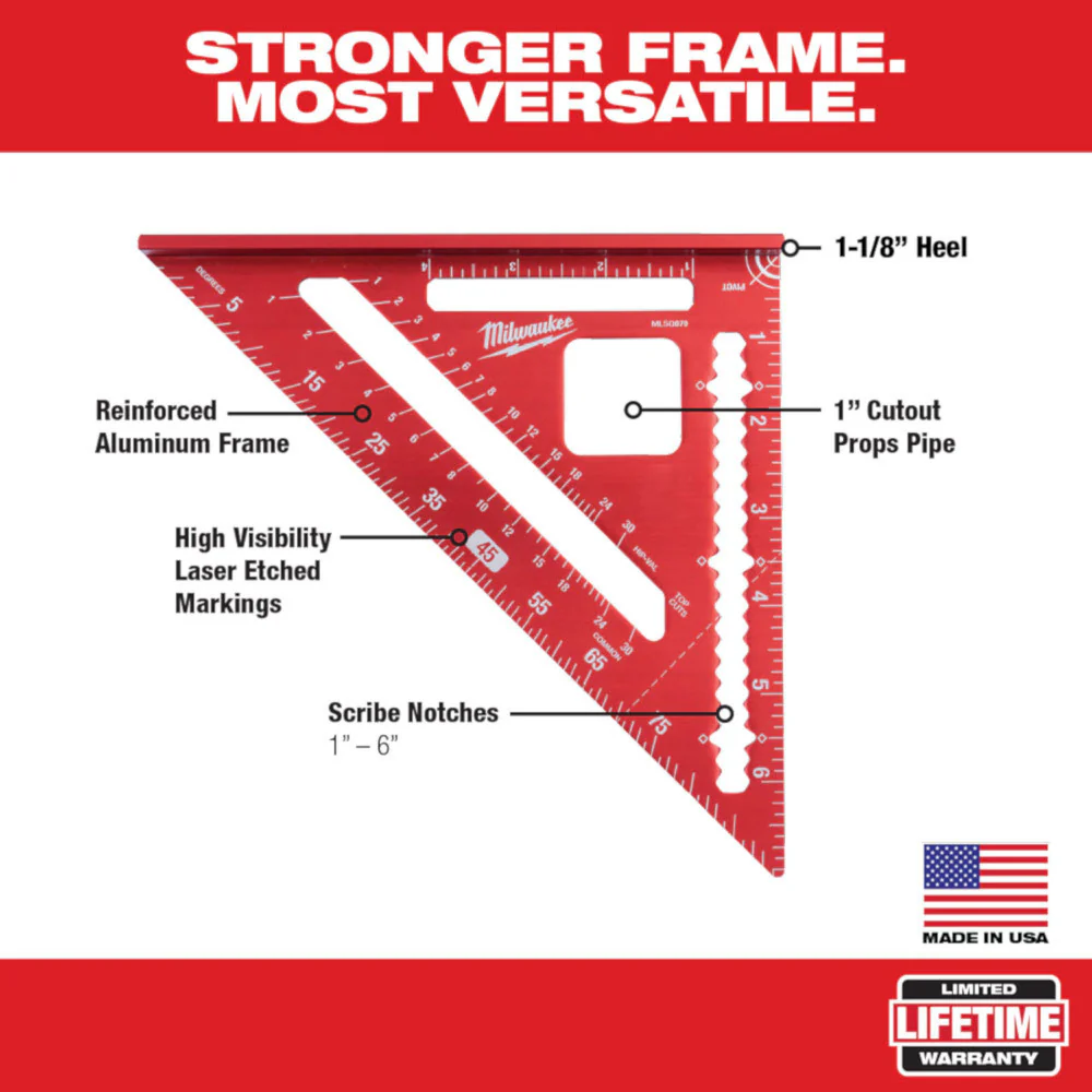 Milwaukee MLSQ070 7 Drurable Rafter Square w/ Reinforced Frame