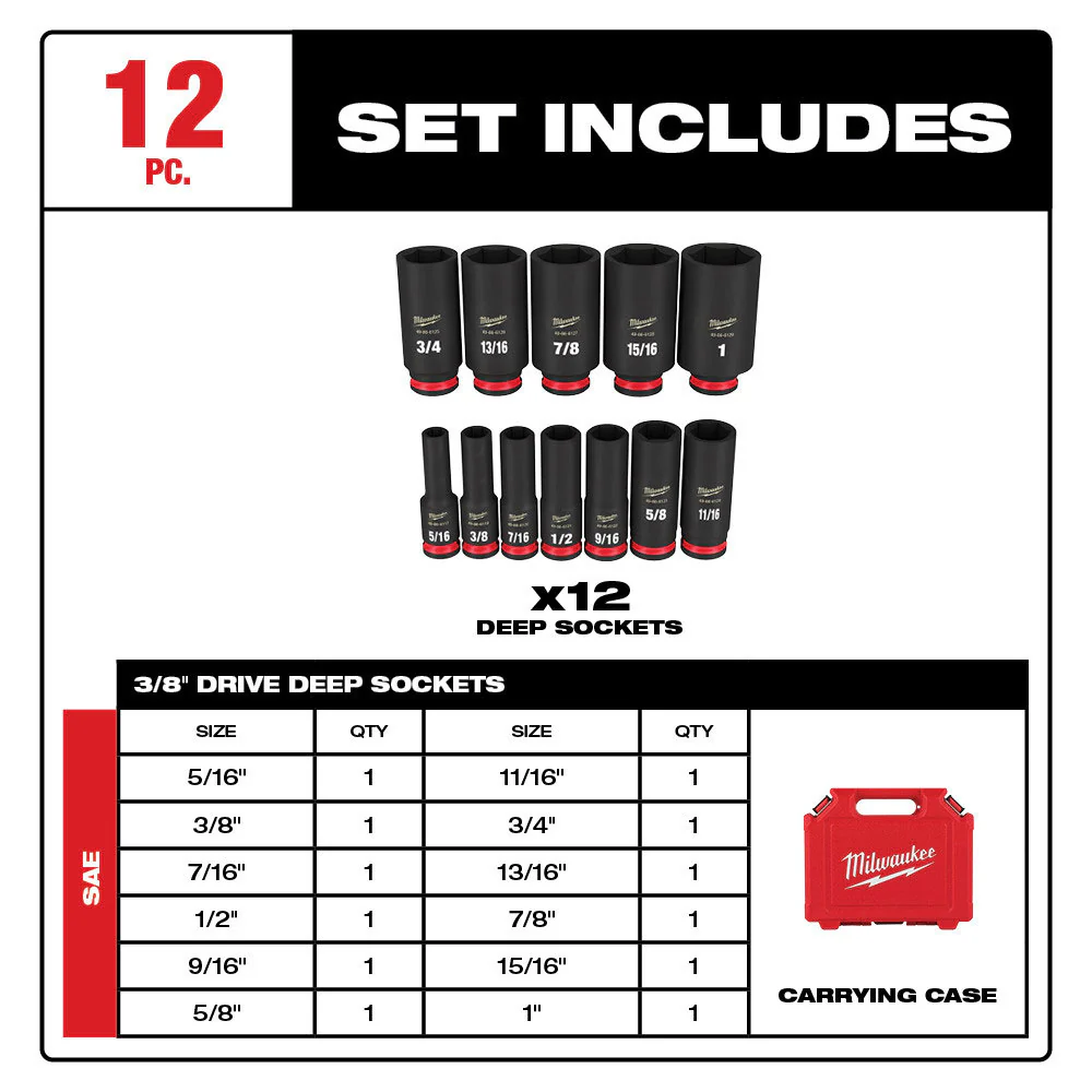 Milwaukee 49-66-7006 SHOCKWAVE 3/8 Drive SAE  6 Point Socket Set - 12PC