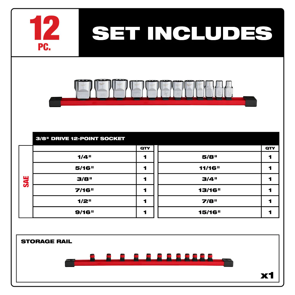Milwaukee 48-22-9420 3/8 Drive 12-Point SAE Socket Set - 12 PC