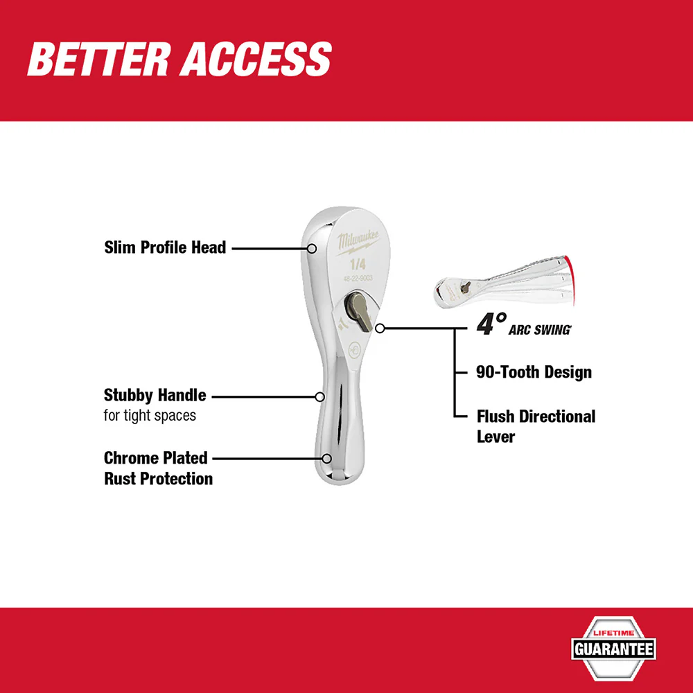 Milwaukee 48-22-9003 1/4 Drive 3 Ratchet Chrome Plated w/ Stubby Handle