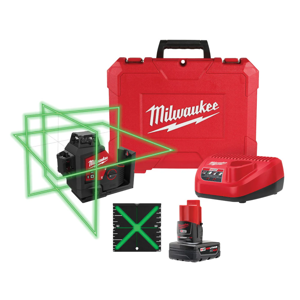 Milwaukee 3632-21X4 M12 Green 360 Degree 3-Plane Laser Kit w/ 4AH Battery