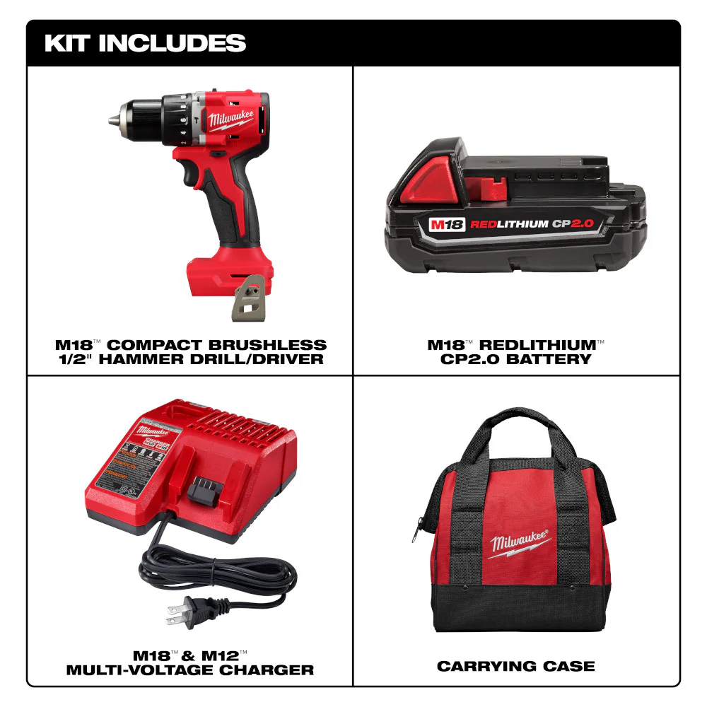 Milwaukee 3602-21P M18 18V 1/2 Compact Brushless Hammer Drill Kit