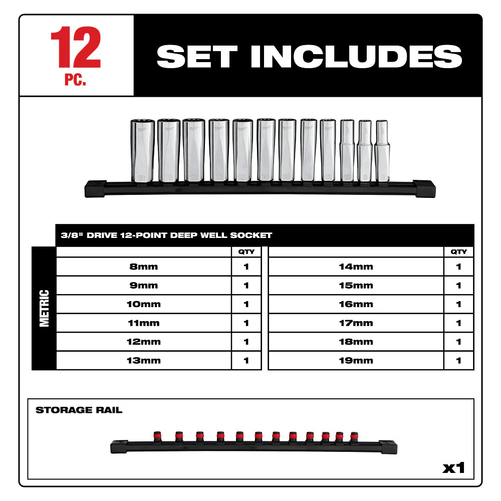 Milwaukee 48-22-9521 3/8 Drive 12-Point Deep Well Metric Socket Set - 12 PC