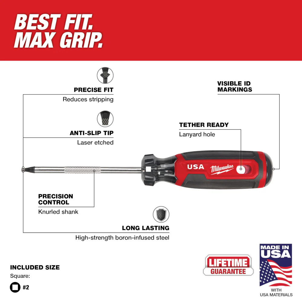 Milwaukee MT218 #2 Square 4 Cushion Grip Screwdriver - Made In USA