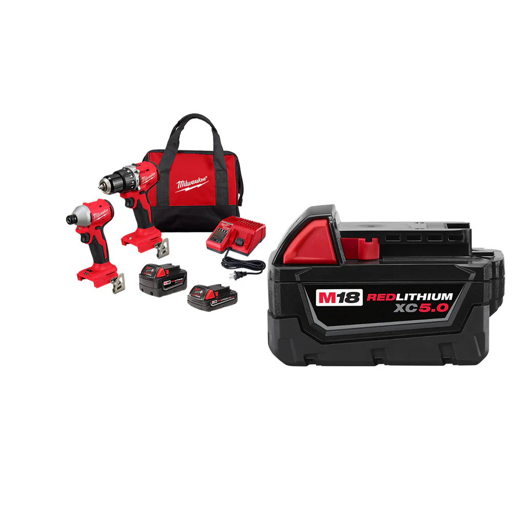 Milwaukee 3693-22CXv5 M18 Compact Brushless 2-Tool Combo Kit w/ Extra 5AH Battery
