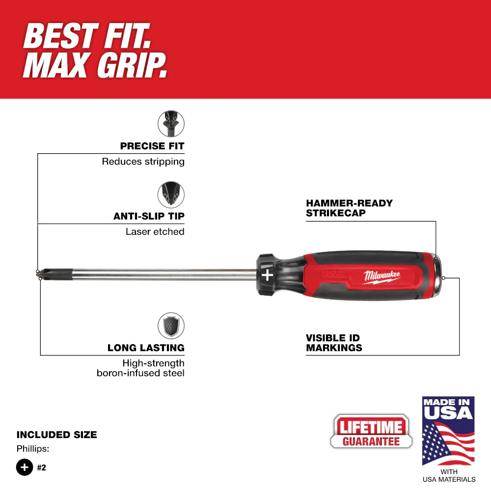 Milwaukee MT205 #2 6 Cushion Grip Phillips Demolition Screwdriver - Made In USA