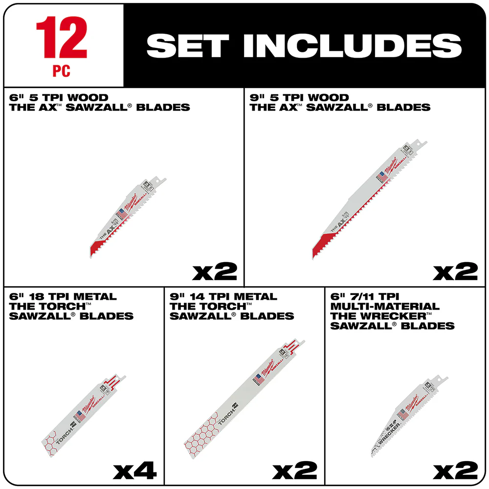 Milwaukee 49-22-1129 Nail-Guard Fang Tip Bi-Metal SAWZALL Blade Set - 12pc