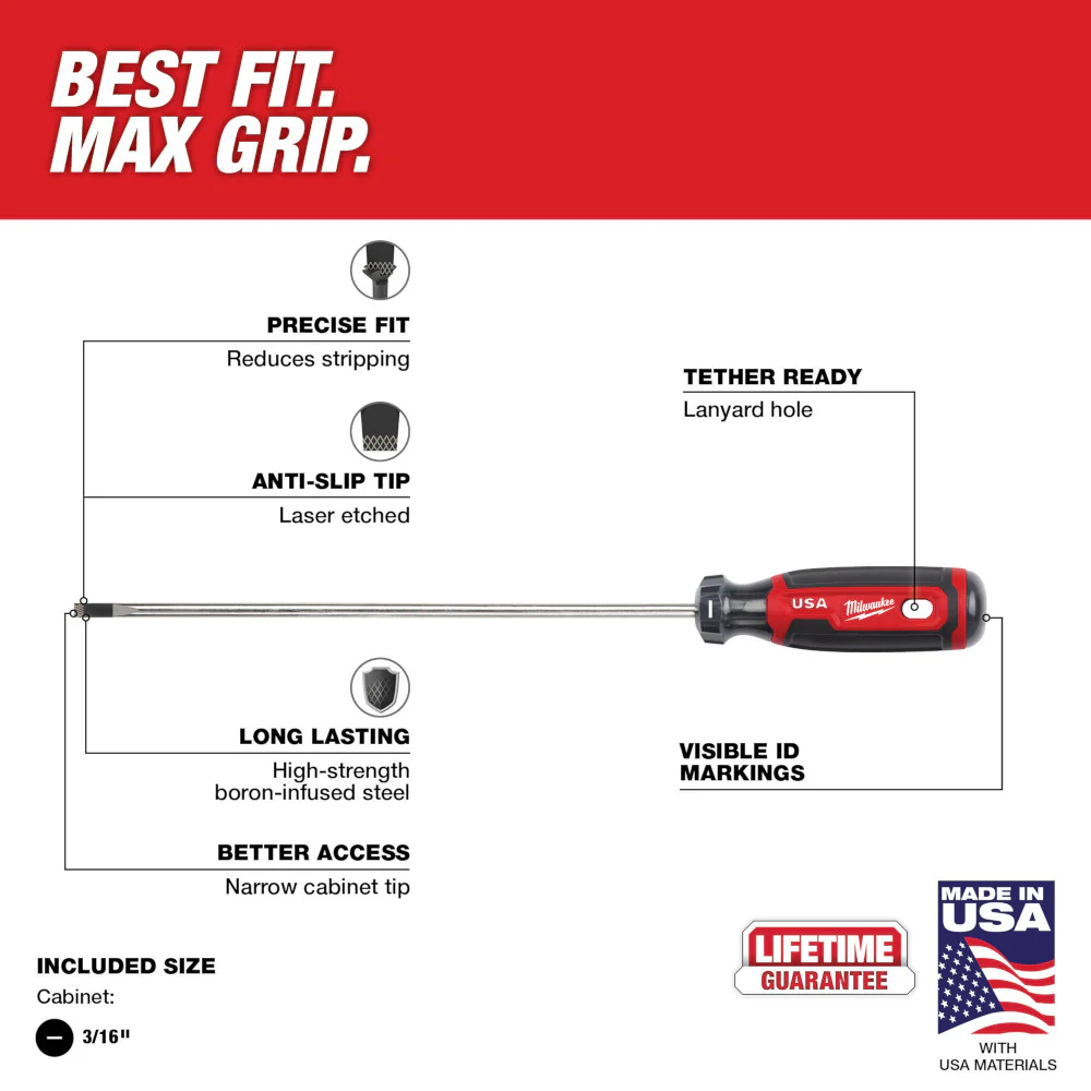 Milwaukee MT213 3/16 Cabinet 8 Cushion Grip Screwdriver - Made In USA