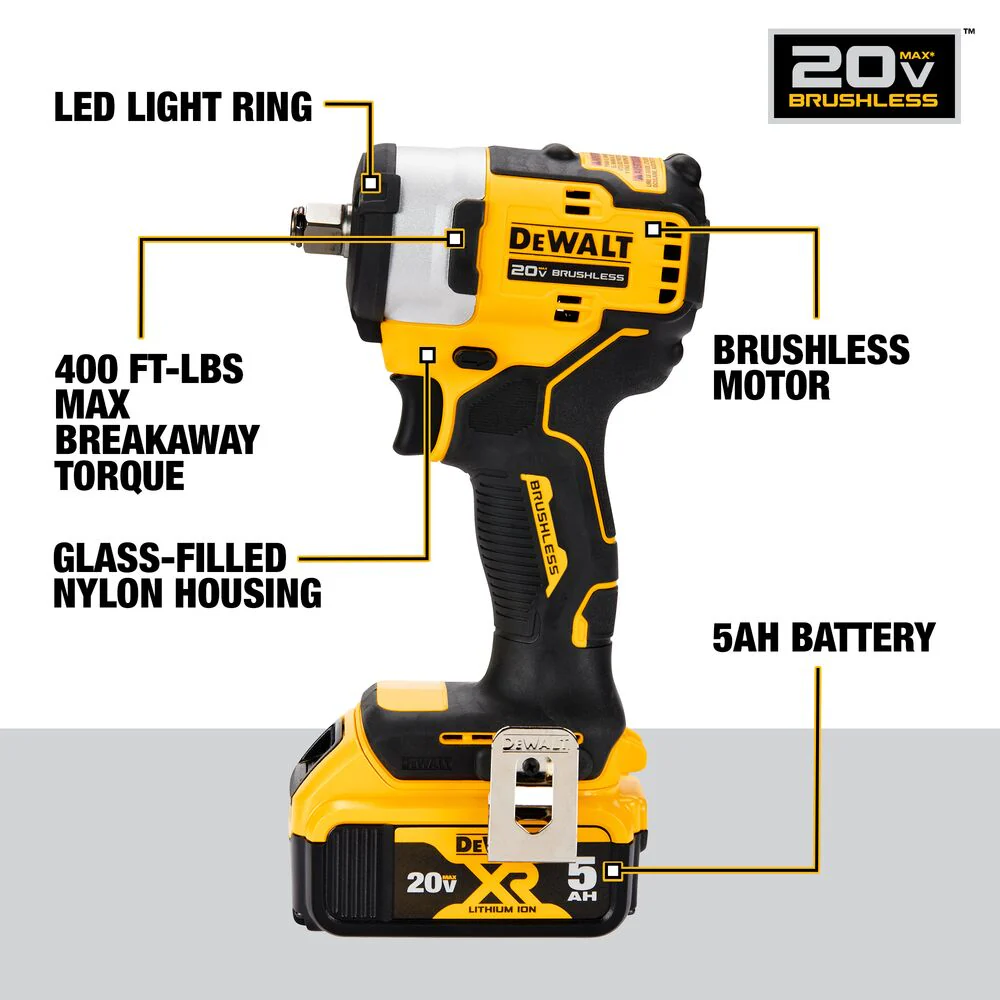 DeWALT DCF911P2 20V 1/2 Compact Impact Wrench w/ Hog Ring Anvil Kit