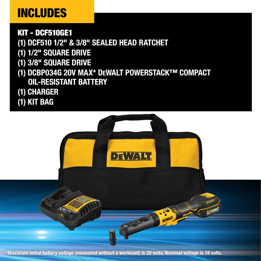 DeWALT DCF510GE1 20V MAX XR 3/8 - 1/ 2 Sealed Head Ratchet Kit w/ POWERSTACK