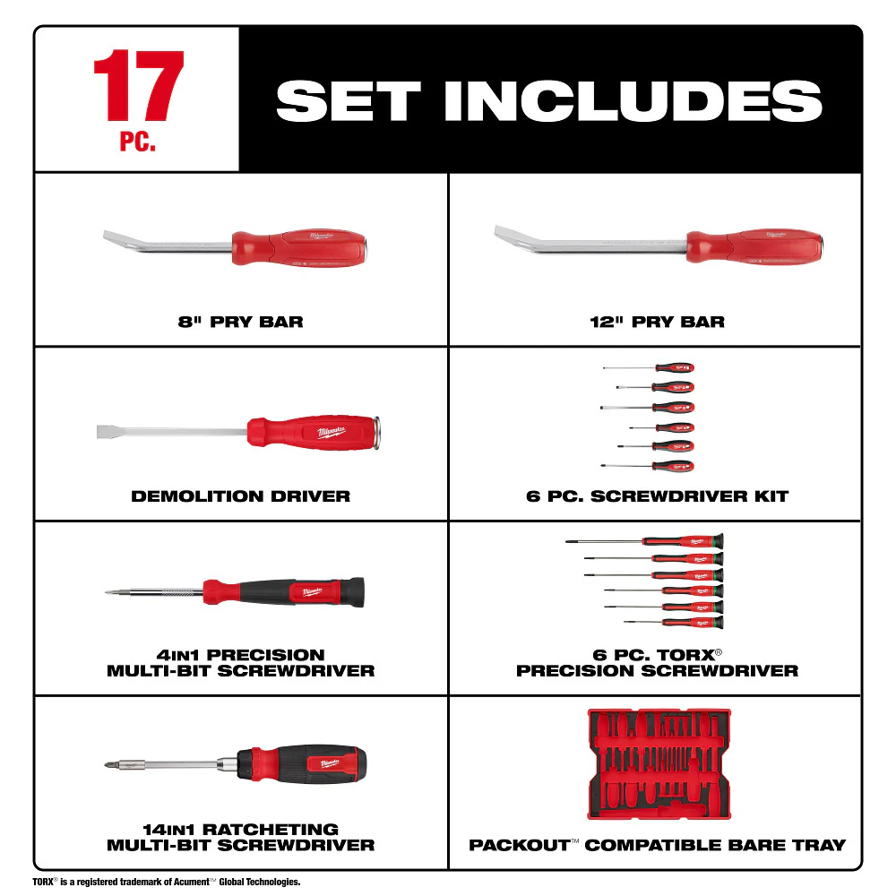 Milwaukee 48-22-0158 Screwdriver/Pry Bar Set w/ PACKOUT Storage Drawer - 17PC