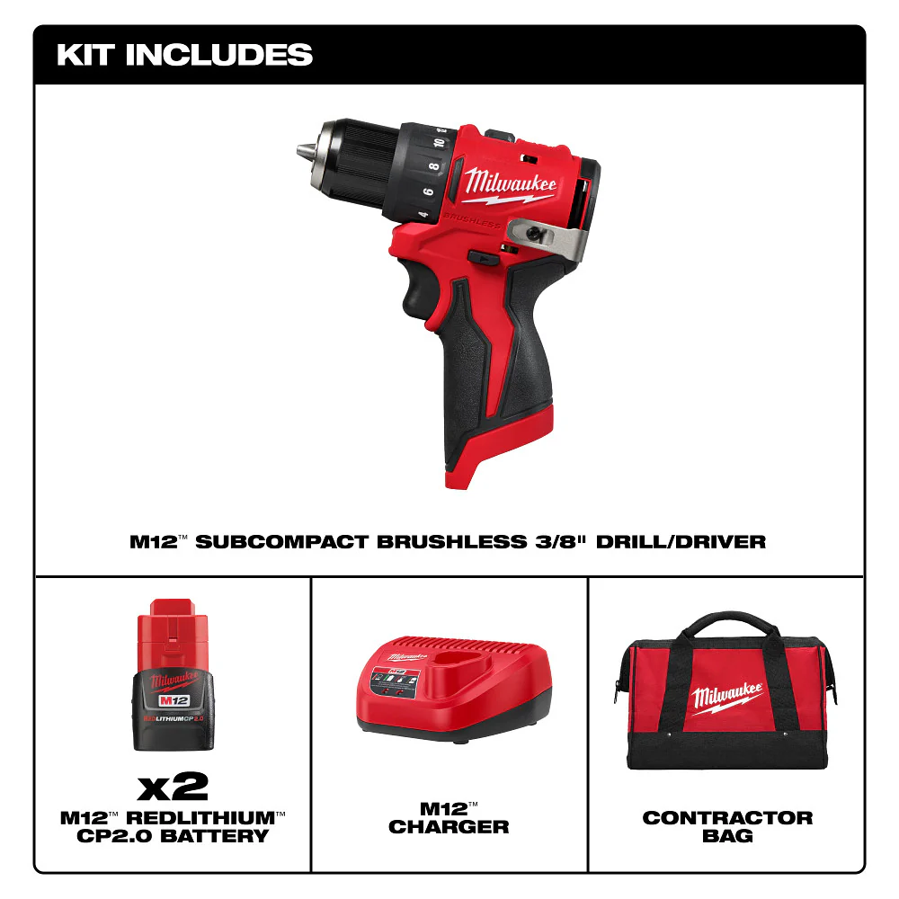 Milwaukee 3401-22 M12 12V 3/8 Subcompact Brushless Drill/Driver Kit