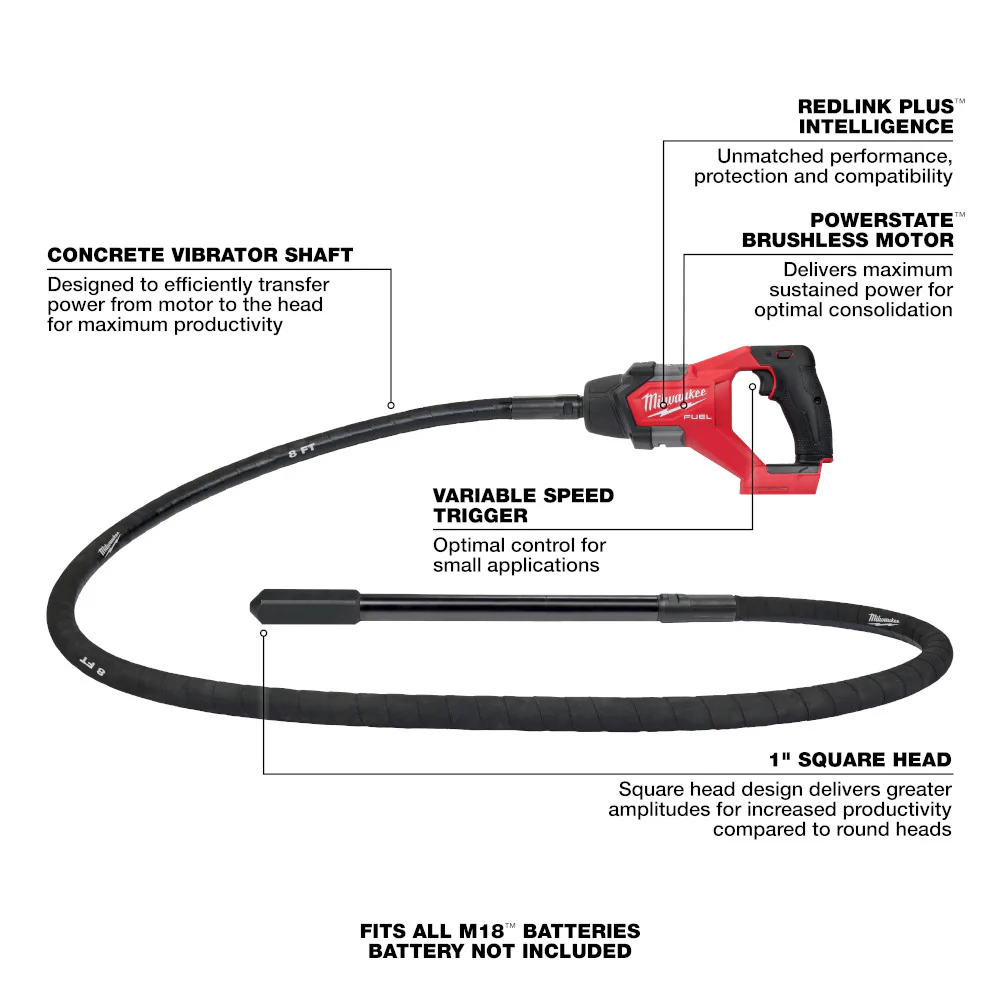 Milwaukee 2911-80 M18 FUEL 18V 8' Lithium-Ion Concrete Vibrator - Recon