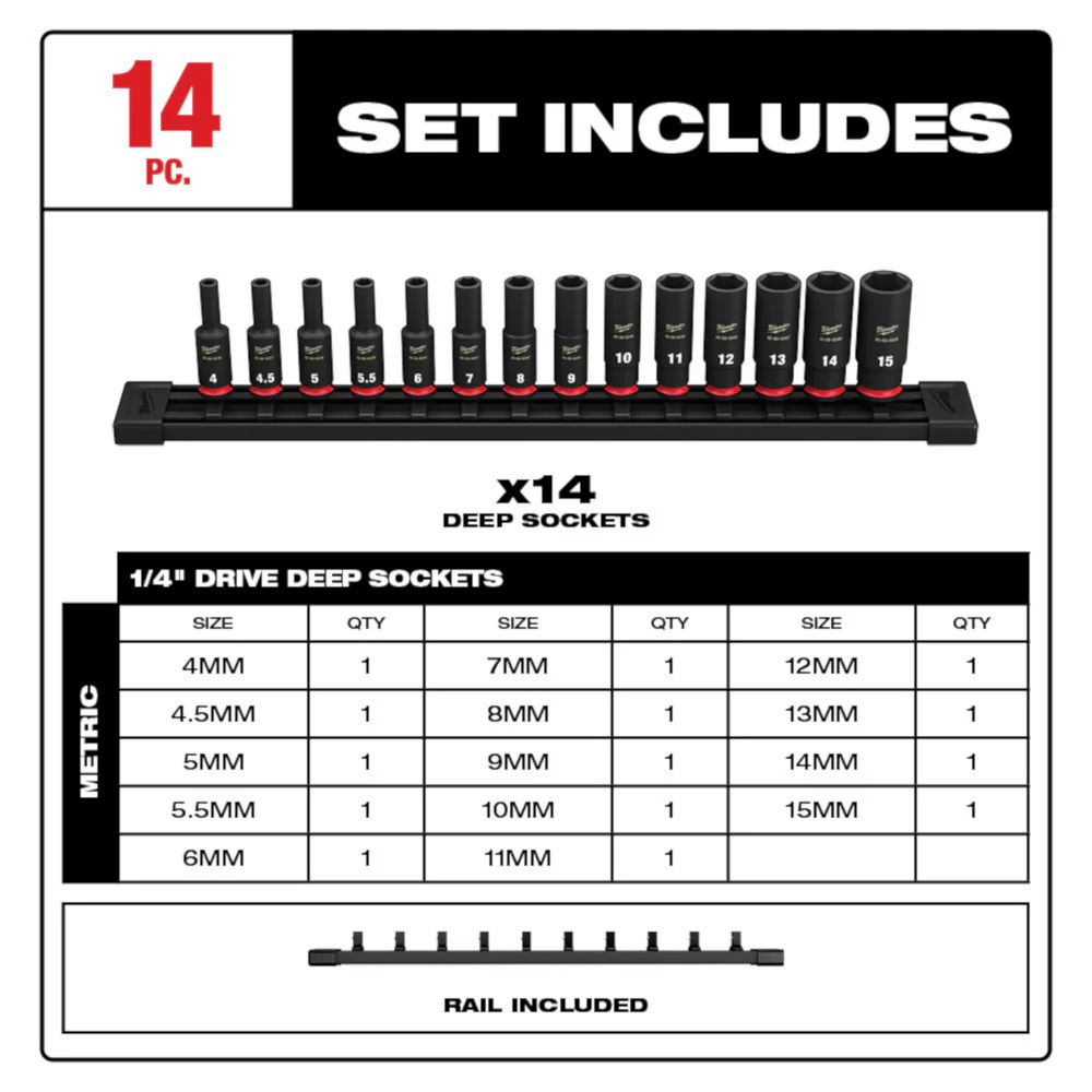 Milwaukee 49-66-7003 1/4 Drive Metric Deep 6 Point Impact Socket Set -14 PC