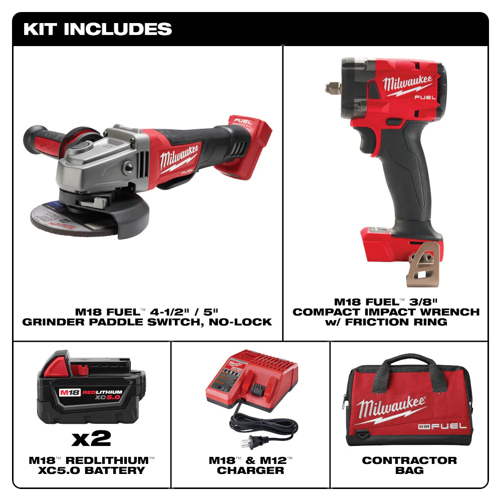 Milwaukee 2991-22 M18 FUEL 18V Compact Impact Wrench / Grinder Combo Kit