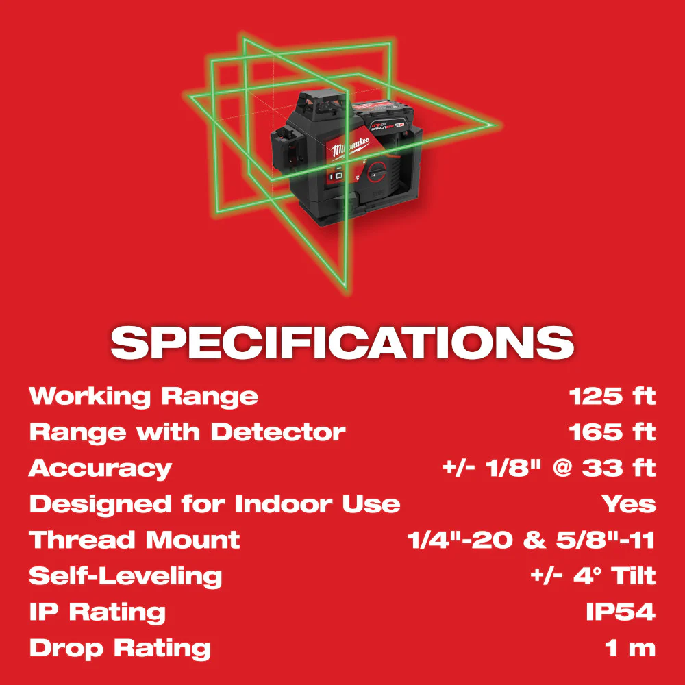 Milwaukee 3632-21 M12 12V Lithium-Ion Cordless Green 3-Plane Laser Level Kit