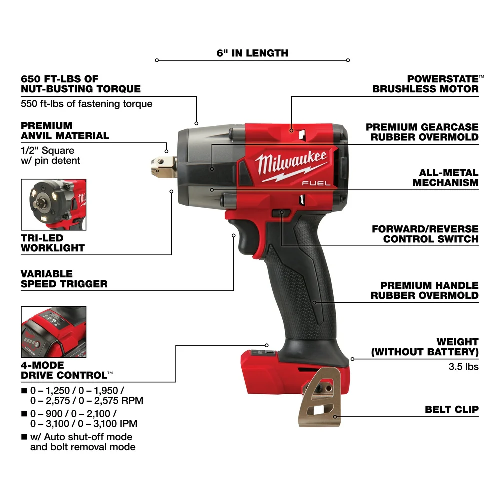 Milwaukee 2962P-22R M18 FUEL 18V 1/2 Mid-Torque Impact Wrench w/ Pin Detent Kit