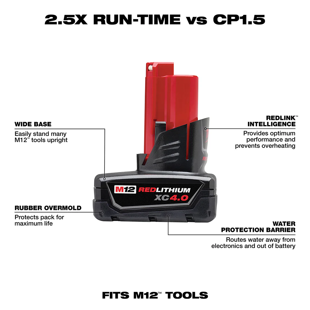 Milwaukee 48-11-2440 M12 12V 4.0Ah REDLITHIUM XC Extended Capacity Battery