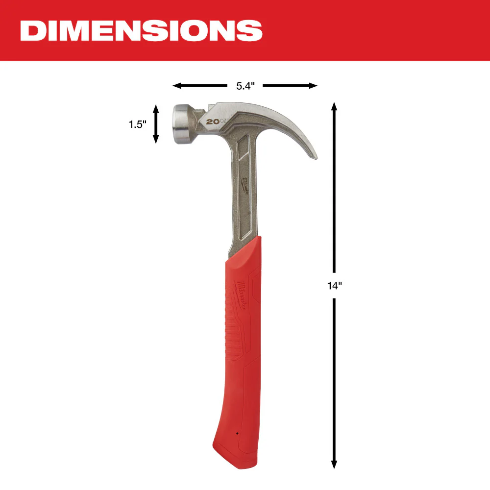 Milwaukee 48-22-9080 20oz Curved Claw Smooth Face Hammer w/ ShockShield Grip