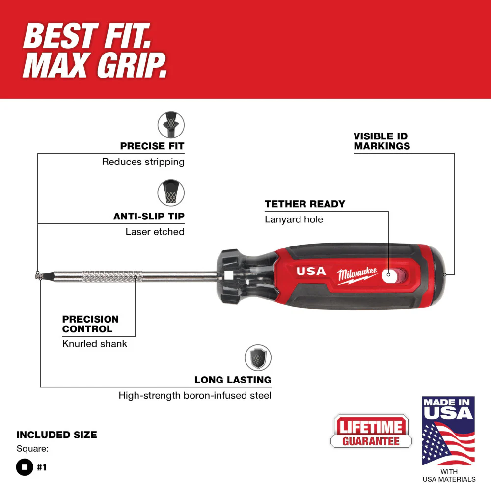 Milwaukee MT217 #1 Square 3 Cushion Grip Screwdriver - Made In USA