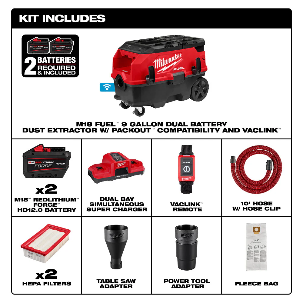 Milwaukee 0888-22HD M18 FUEL 18V 9 Gallon Dual Battery Dust Extractor Kit