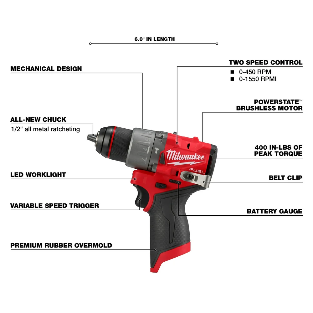 Milwaukee 3404-20 M12 FUEL 12V 1/2 Cordless Hammer Drill/Driver - Bare Tool