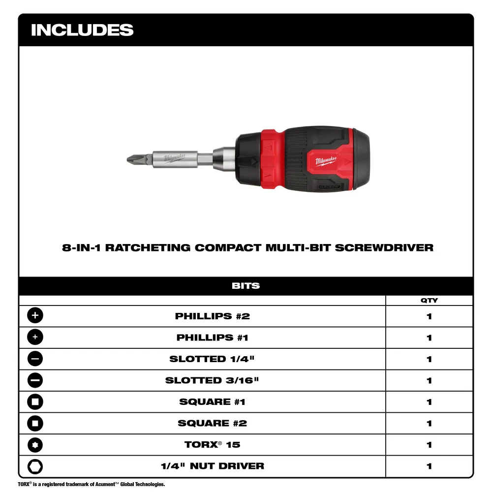 Milwaukee 48-22-2913 8-in-1 Ratcheting Compact Multi-Bit Screwdriver