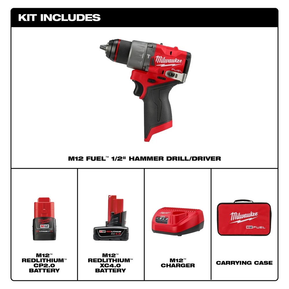 Milwaukee 3404-22 M12 FUEL 12V 1/2 Cordless Li-Ion Hammer Drill/Driver Kit