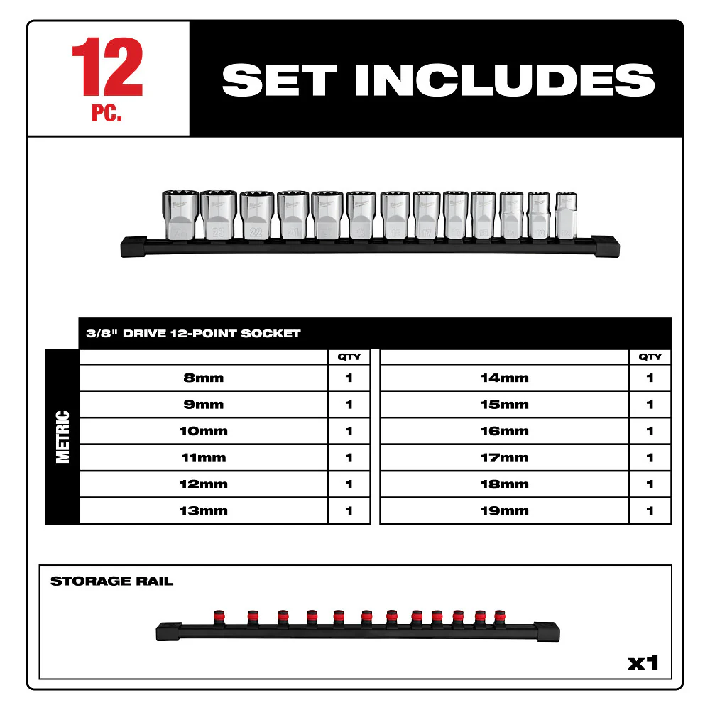 Milwaukee 48-22-9520 3/8 Drive 12-Point Metric Socket Set - 12 PC