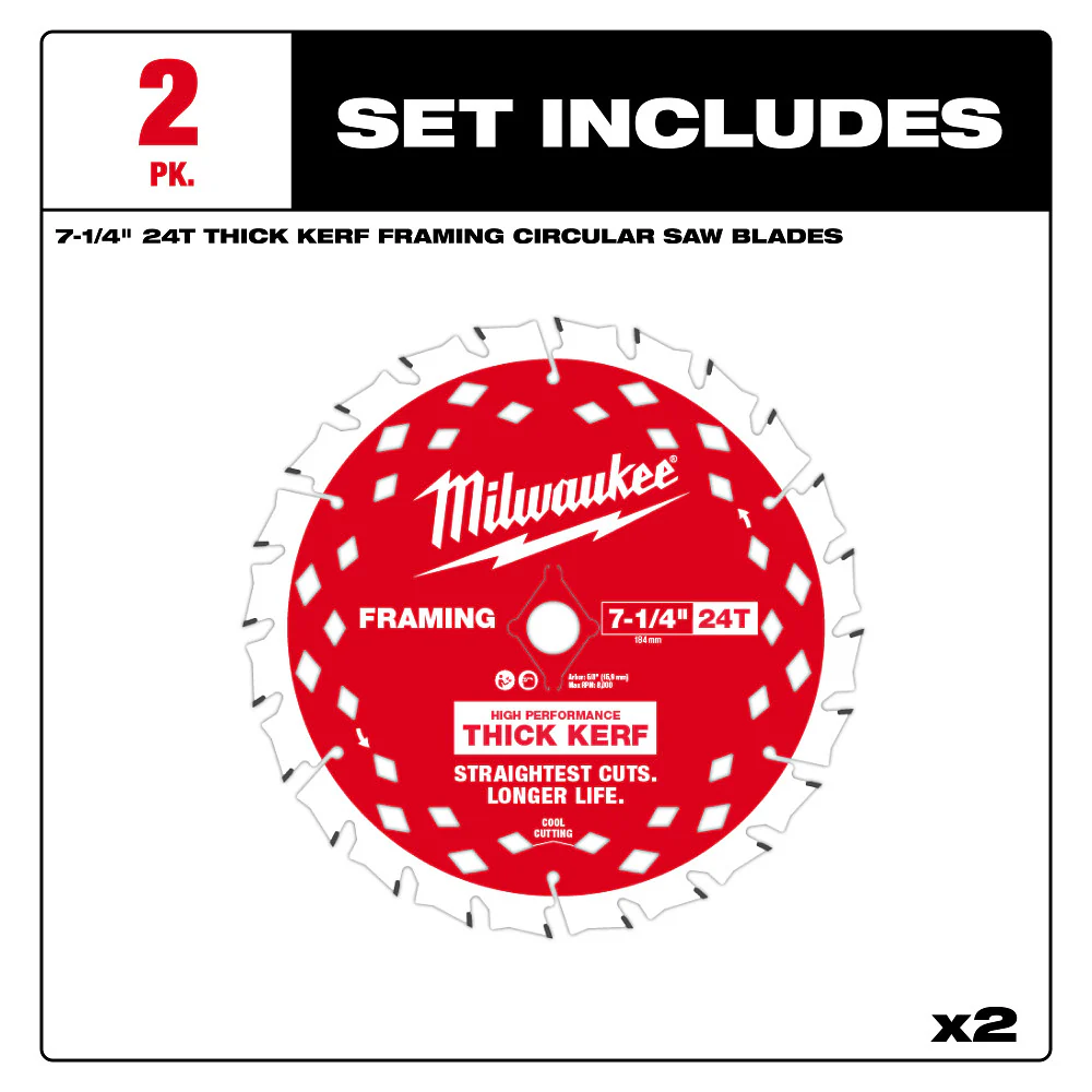 Milwaukee 48-40-0742 7-1/4 24T Thick Kerf Framing Circular Saw Blade - 2 PK